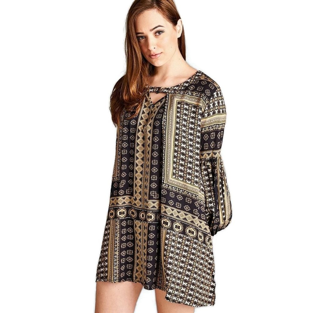 Velzera Bohemian Keyhole Mini Dress, Camel